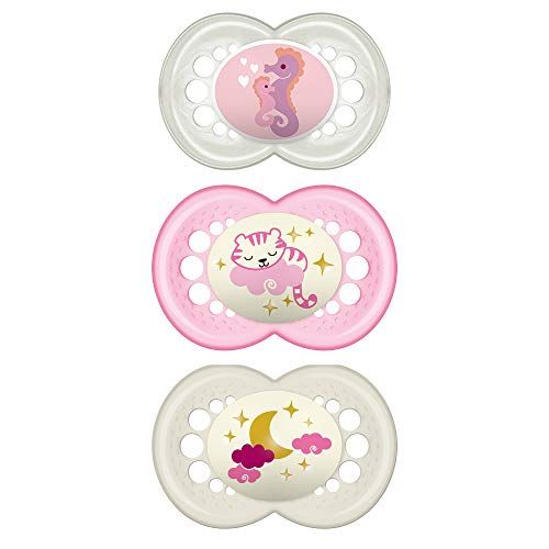  MAM Pacifiers, Baby Pacifier 16+ Months, Best Pacifier for Breastfed Babies, Day & Night Design Collection, Girl, 3Count, Multi