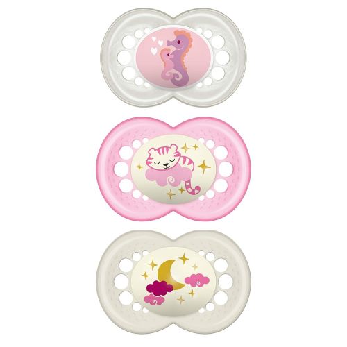  MAM Pacifiers, Baby Pacifier 16+ Months, Best Pacifier for Breastfed Babies, Day & Night Design Collection, Girl, 3Count, Multi