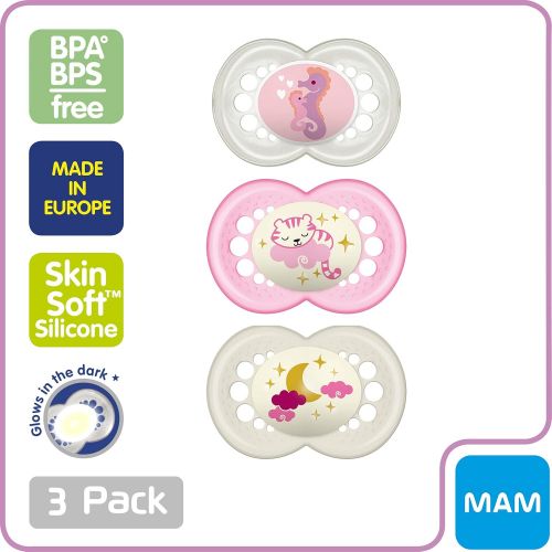  MAM Pacifiers, Baby Pacifier 16+ Months, Best Pacifier for Breastfed Babies, Day & Night Design Collection, Girl, 3Count, Multi