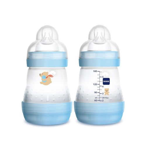  MAM Easy Start Anti-Colic Bottle 5 oz (2-Count), Baby Essentials, Slow Flow Bottles with Silicone Nipple, Baby Bottles for Baby Boy, Blue