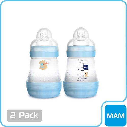  MAM Easy Start Anti-Colic Bottle 5 oz (2-Count), Baby Essentials, Slow Flow Bottles with Silicone Nipple, Baby Bottles for Baby Boy, Blue