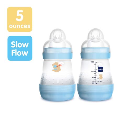  MAM Easy Start Anti-Colic Bottle 5 oz (2-Count), Baby Essentials, Slow Flow Bottles with Silicone Nipple, Baby Bottles for Baby Boy, Blue
