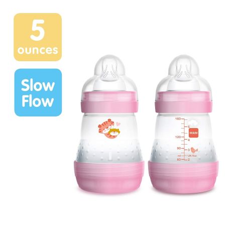  MAM Easy Start Anti-Colic Bottle 5 oz (2-Count), Baby Essentials, Slow Flow Bottles with Silicone Nipple, Baby Bottles for Baby Girl, Pink