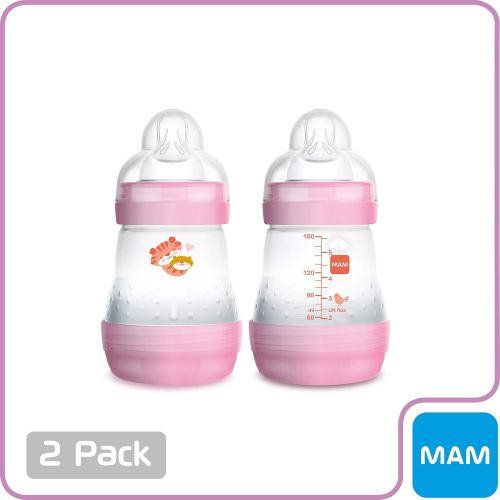  MAM Easy Start Anti-Colic Bottle 5 oz (2-Count), Baby Essentials, Slow Flow Bottles with Silicone Nipple, Baby Bottles for Baby Girl, Pink