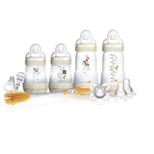  MAM Infant Basics Newborn Gift Set (9-count), Includes Easy Start Anti Colic MAM Baby Bottles, Pacifier, Baby Bottle Brush, From Newborn to 2+ Months, White