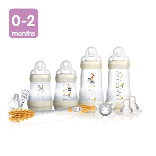  MAM Infant Basics Newborn Gift Set (9-count), Includes Easy Start Anti Colic MAM Baby Bottles, Pacifier, Baby Bottle Brush, From Newborn to 2+ Months, White