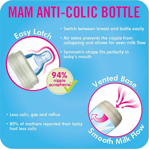  MAM Infant Basics Newborn Gift Set (9-count), Includes Easy Start Anti Colic MAM Baby Bottles, Pacifier, Baby Bottle Brush, From Newborn to 2+ Months, White