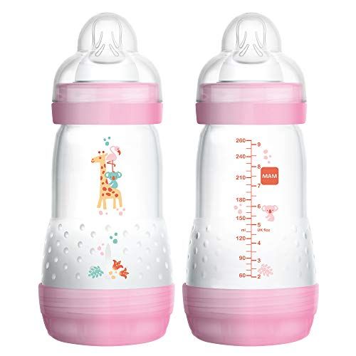  MAM Easy Start Anti-Colic Bottle 9 oz (2-Count), Baby Essentials, Medium Flow Bottles with Silicone Nipple, Baby Bottles for Baby Girl, Pink