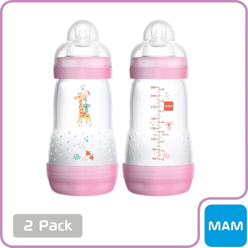  MAM Easy Start Anti-Colic Bottle 9 oz (2-Count), Baby Essentials, Medium Flow Bottles with Silicone Nipple, Baby Bottles for Baby Girl, Pink