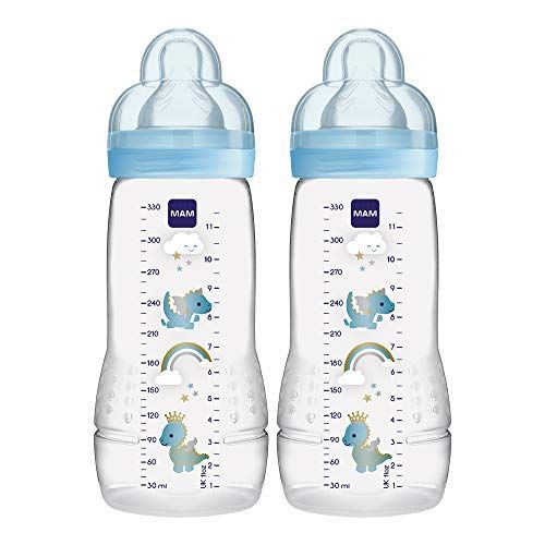  MAM Easy Active Bottle 11 oz (2-Count), Fast Flow Bottles with Silicone Nipples, 4+ Month Baby Essentials, Baby Boy