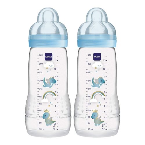  MAM Easy Active Bottle 11 oz (2-Count), Fast Flow Bottles with Silicone Nipples, 4+ Month Baby Essentials, Baby Boy