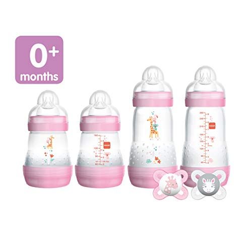  MAM Newborn Essentials Feed & Soothe Set (6-Piece), Easy Start Anti-Colic Baby Bottles, 0-2 Month Pacifier, Baby Shower Gifts for Baby Girl, Purple