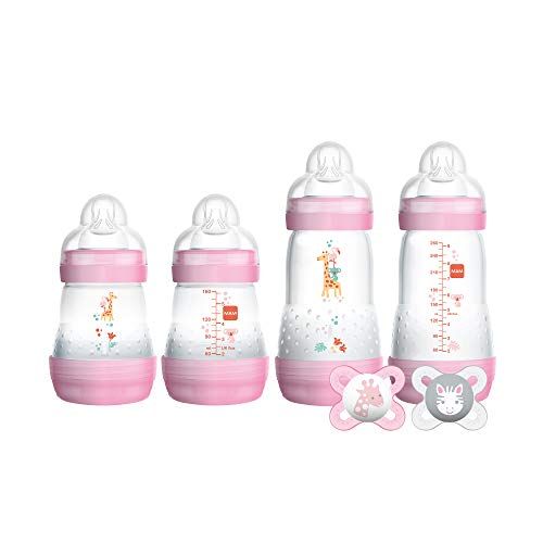  MAM Newborn Essentials Feed & Soothe Set (6-Piece), Easy Start Anti-Colic Baby Bottles, 0-2 Month Pacifier, Baby Shower Gifts for Baby Girl, Purple