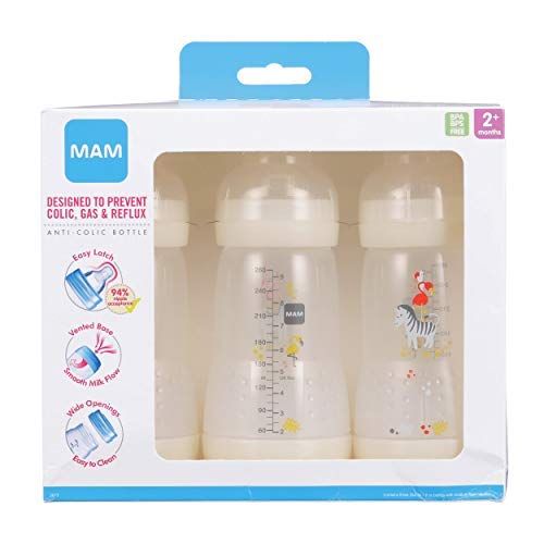  MAM Easy Start Anti-Colic Bottle, 9 oz (3-Count), Baby Essentials, Medium Flow Bottles with Silicone Nipple, Unisex Baby Bottles, White