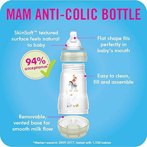  MAM Easy Start Anti-Colic Bottle, 9 oz (3-Count), Baby Essentials, Medium Flow Bottles with Silicone Nipple, Unisex Baby Bottles, White