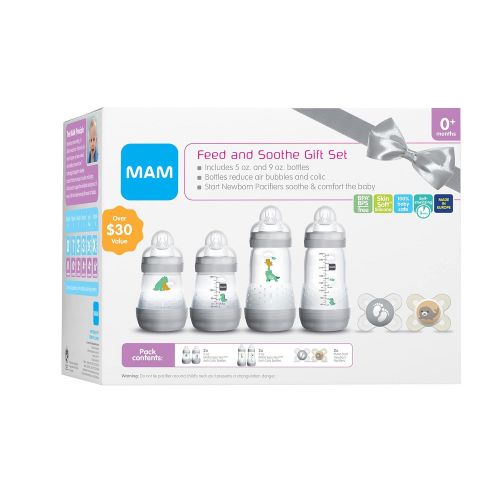  MAM Newborn Essentials Feed & Soothe Set (6-Piece), Easy Start Anti-Colic Baby Bottles, 0-2 Month Pacifier, Baby Shower Gifts, White