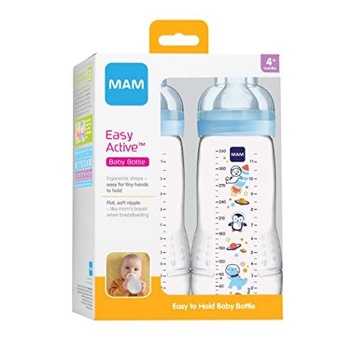  MAM Easy Active Bottle 11 oz (2-Count), Fast Flow Baby Bottles with Silicone Nipples, 4+ Month Baby Essentials, Baby Boy, Designs May Vary