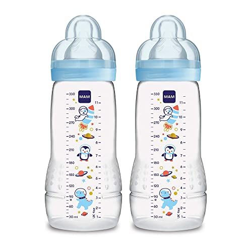  MAM Easy Active Bottle 11 oz (2-Count), Fast Flow Baby Bottles with Silicone Nipples, 4+ Month Baby Essentials, Baby Boy, Designs May Vary