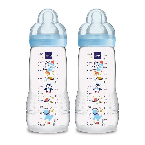  MAM Easy Active Bottle 11 oz (2-Count), Fast Flow Baby Bottles with Silicone Nipples, 4+ Month Baby Essentials, Baby Boy, Designs May Vary