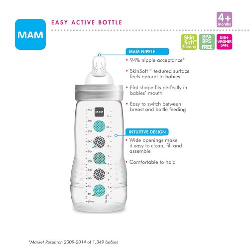  MAM Easy Active Bottle 11 oz (2-Count), Fast Flow Baby Bottles with Silicone Nipples, 4+ Month Baby Essentials, Baby Boy, Designs May Vary