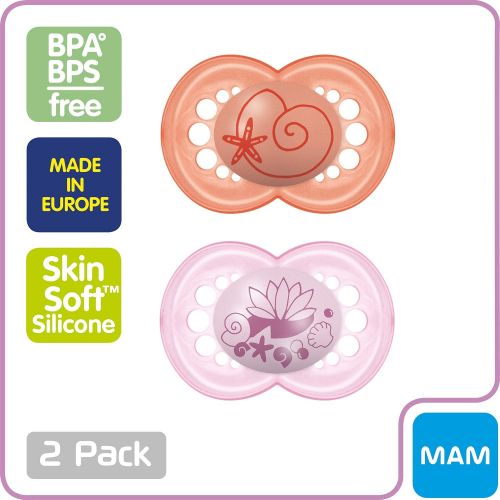  MAM Pacifiers, Baby Pacifier 6+ Months, Best Pacifier for Breastfed Babies, ‘Pearl Design Collection, Girl, 2-Count