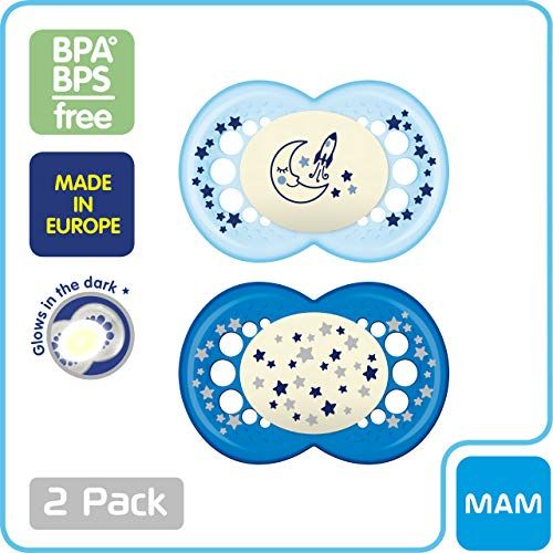  MAM Night Pacifiers (2 Count), MAM Pacifiers 6+ Months, Best Pacifier for Breastfed Babies, Glow in the Dark Pacifier, Baby Boy Pacifier