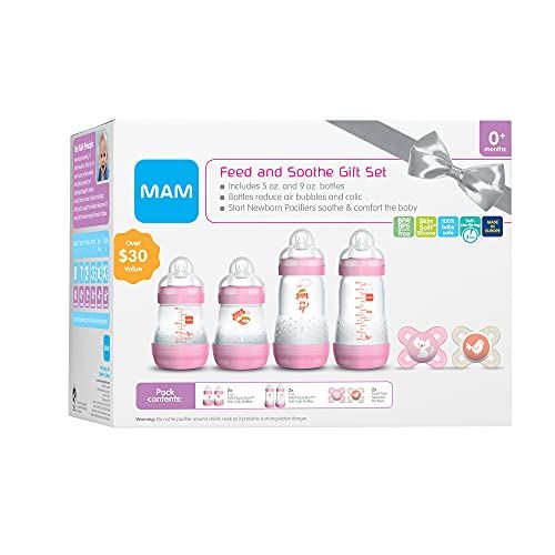  MAM Newborn Essentials Feed & Soothe Set (6-Piece), Easy Start Anti-Colic Baby Bottles, 0-2 Month Pacifier, Baby Shower Gifts for Baby Girl, Pink