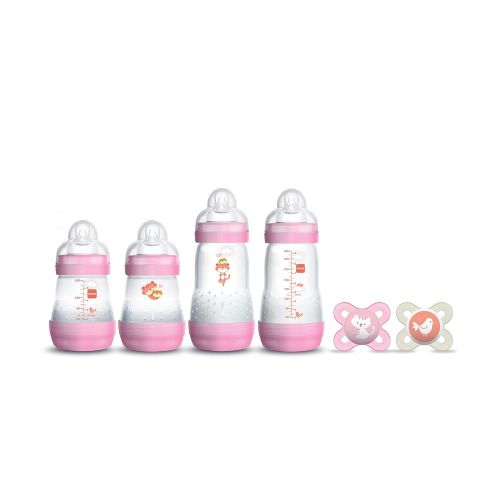  MAM Newborn Essentials Feed & Soothe Set (6-Piece), Easy Start Anti-Colic Baby Bottles, 0-2 Month Pacifier, Baby Shower Gifts for Baby Girl, Pink