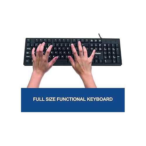  Manhattan Wired Computer Keyboard - Basic Black Keyboard - with 4.5ft USB-A Cable, 104-keys, Foldable Stands - Compatible for Windows, PC, Laptop - 3 Yr Mfg Warranty - 179324