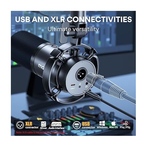  MAONO XLR/USB Dynamic Microphone, RGB Podcast Mic with Software for Streaming, Gaming, Recording, Voice-Over, Metal Microphone with Mute, Headphone Jack, Gain Knob & Volume Control-PD200X (Black)