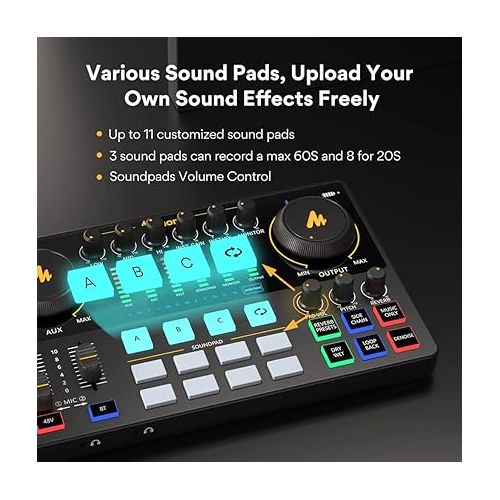  MAONO Audio Interface, MaonoCaster 10-Channel Podcast mixer with Pro-preamp, 48V Phantom Power, Bluetooth, 11 Customize sound pads for Recording, Streaming, Youtube, TikTok, PC, Guitar (AME2)