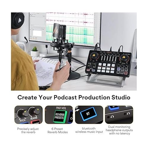  MAONO Audio Interface, MaonoCaster 10-Channel Podcast mixer with Pro-preamp, 48V Phantom Power, Bluetooth, 11 Customize sound pads for Recording, Streaming, Youtube, TikTok, PC, Guitar (AME2)