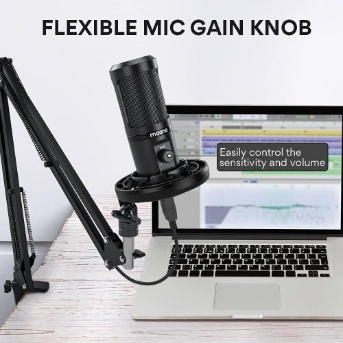  USB Podcast Microphone, All in one Kit with Gain Knob Pop Filter Arm Stand, MAONO Professional Condenser Computer Mic for Gaming, Recording, Streaming, Voice Over, YouTube, Twitch,