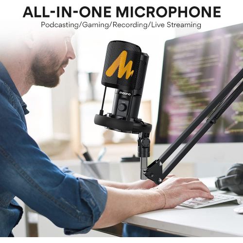  USB Podcast Microphone, All in one Kit with Gain Knob Pop Filter Arm Stand, MAONO Professional Condenser Computer Mic for Gaming, Recording, Streaming, Voice Over, YouTube, Twitch,