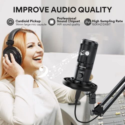  USB Podcast Microphone, All in one Kit with Gain Knob Pop Filter Arm Stand, MAONO Professional Condenser Computer Mic for Gaming, Recording, Streaming, Voice Over, YouTube, Twitch,