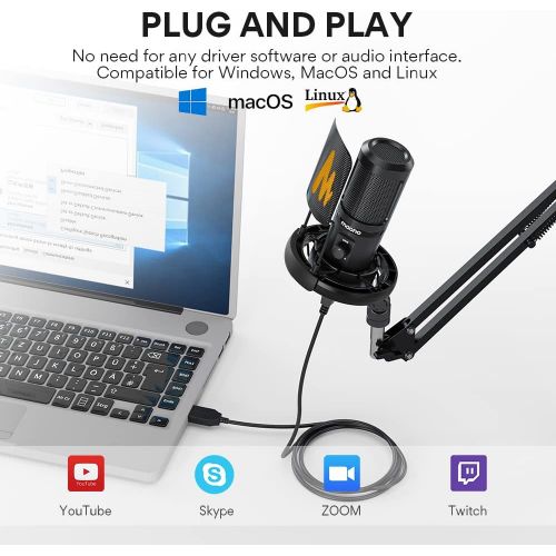  USB Podcast Microphone, All in one Kit with Gain Knob Pop Filter Arm Stand, MAONO Professional Condenser Computer Mic for Gaming, Recording, Streaming, Voice Over, YouTube, Twitch,