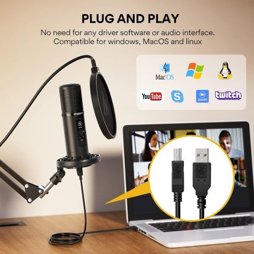  USB Microphone Zero Latency Monitoring MAONO AU-PM422 192KHZ/24BIT Professional Cardioid Condenser Mic with Touch Mute Button and Mic Gain Knob for Recording, Podcasting, Gaming, Y