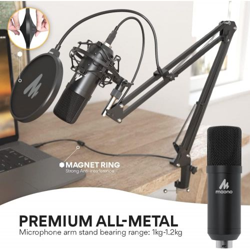  USB Microphone, MAONO 192KHZ/24Bit Plug & Play PC Computer Podcast Condenser Cardioid Metal Mic Kit with Professional Sound Chipset for Recording, Gaming, Singing, YouTube (AU-A04)