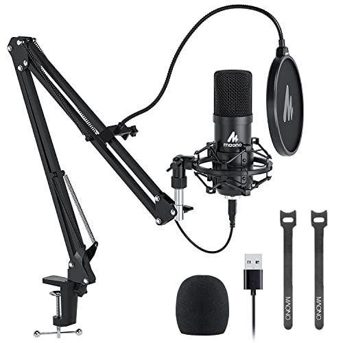  USB Microphone, MAONO 192KHZ/24Bit Plug & Play PC Computer Podcast Condenser Cardioid Metal Mic Kit with Professional Sound Chipset for Recording, Gaming, Singing, YouTube (AU-A04)