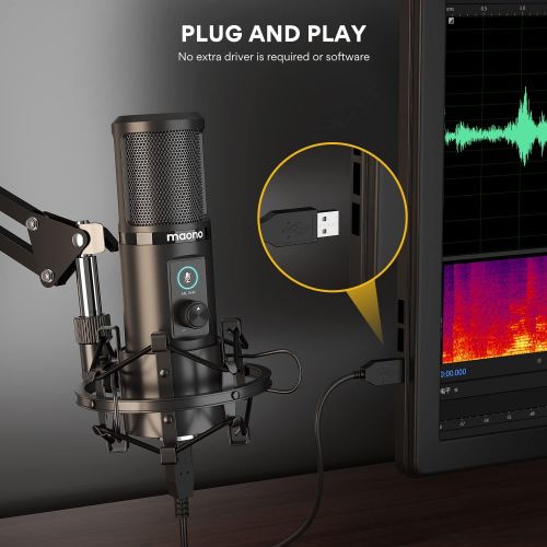  [아마존베스트]USB Microphone with One-Touch Mute and Mic Gain Knob MAONO AU-PM421 Professional Cardioid Condenser Podcast Mic for Online Teaching, Meeting, Livestreaming, Gaming, Broadcasting