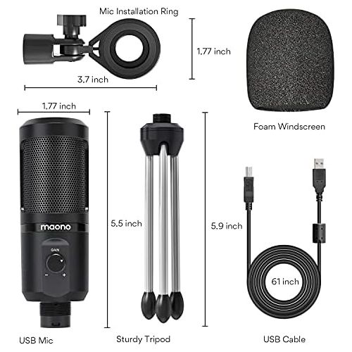  [아마존베스트]USB Podcast Microphone with Mic Gain MAONO Cardioid Condenser PC Computer Microphone for Recording, Gaming, Streaming, Voice Over, YouTube, Twitch, Skype, Compatible with Mac Lapto