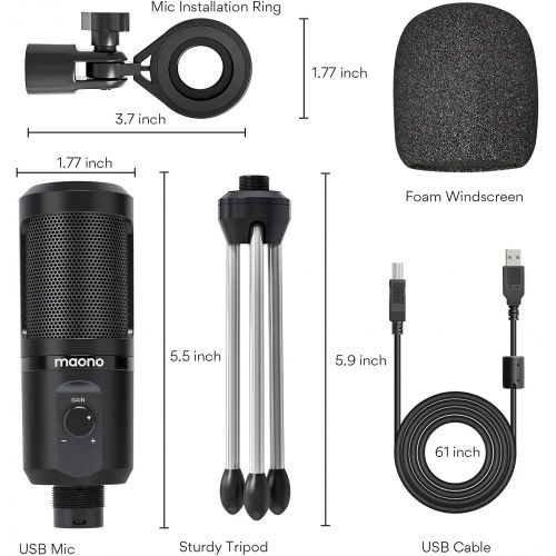  [아마존베스트]USB Podcast Microphone with Mic Gain MAONO Cardioid Condenser PC Computer Microphone for Recording, Gaming, Streaming, Voice Over, YouTube, Twitch, Skype, Compatible with Mac Lapto