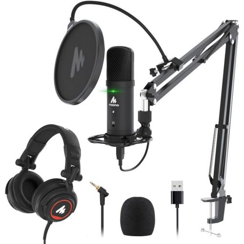  [아마존베스트]USB Microphone with Studio Headphone Set 192KHz/24Bit Zero Latency Monitoring MAONO AU-PM401H Computer Condenser Cardioid Mic with Mute Button for Podcasting, Gaming, YouTube, Stre