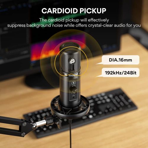  USB Microphone with Zero Latency Monitoring MAONO AU-PM422 192KHZ/24BIT Professional Cardioid Condenser Mic with Touch Mute Button and Mic Gain Knob for Recording, Podcasting, Gami