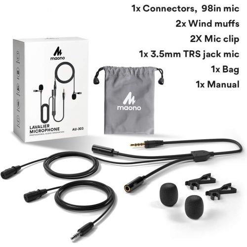  Lavalier Microphone for iPhone Android Smartphones, MAONO 2 Pack Professional Omnidirectional Condenser Clip on Lapel Mic for Recording, Interview, YouTube Video, Vlogging (AU-303)