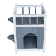 MAOVII Wooden Cat Pet Home with Balcony Pet House Small Dog Indoor Outdoor Shelter Gray & White