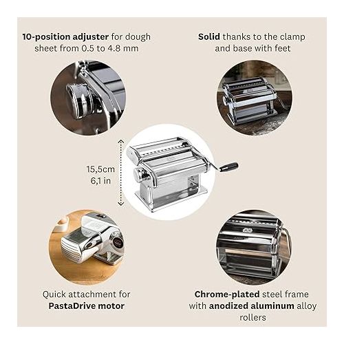  MARCATO Made in Italy Atlas 180 Classic Manual Pasta Machine, Chrome Steel. Makes Lasagne, Fettuccine & Tagliolini.