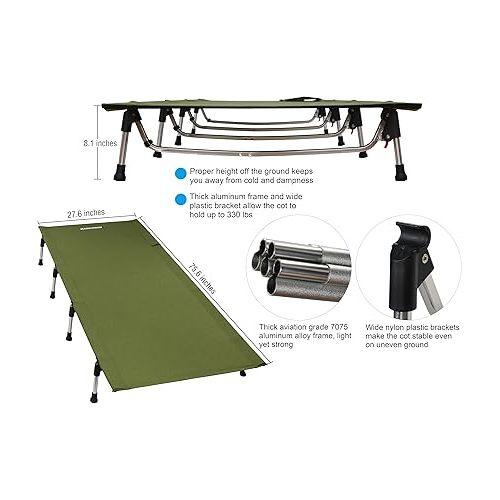  MARCHWAY Lightweight Folding Tent Camping Cot Bed with Lever Lock, Easy Setup Portable Compact for Outdoor Travel, Hunting, Hiking, Motorcycling, Support 330Lbs