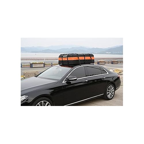  MARCHWAY Waterproof Car Roof Luggage Bag, Weatherproof Soft Shell Rooftop Cargo Carrier Bag for Vehicles with or Without Rack, 4+2 Door Hooks Included (Orange, 15 Cubic Feet)