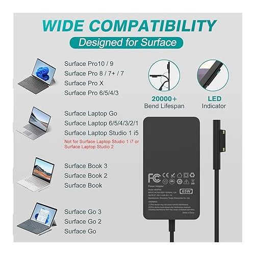  65W Surface Pro Laptop Charger for Microsoft Surface Pro 10, 9, 8, 7+, 7, 6, 5, 4, 3, X, Windows Surface Laptop 6, 5, 4, 3, 2, 1, Surface Go Tablet, Surface Book 3, 2, 1, Support 44W, 36W, LED, 10FT
